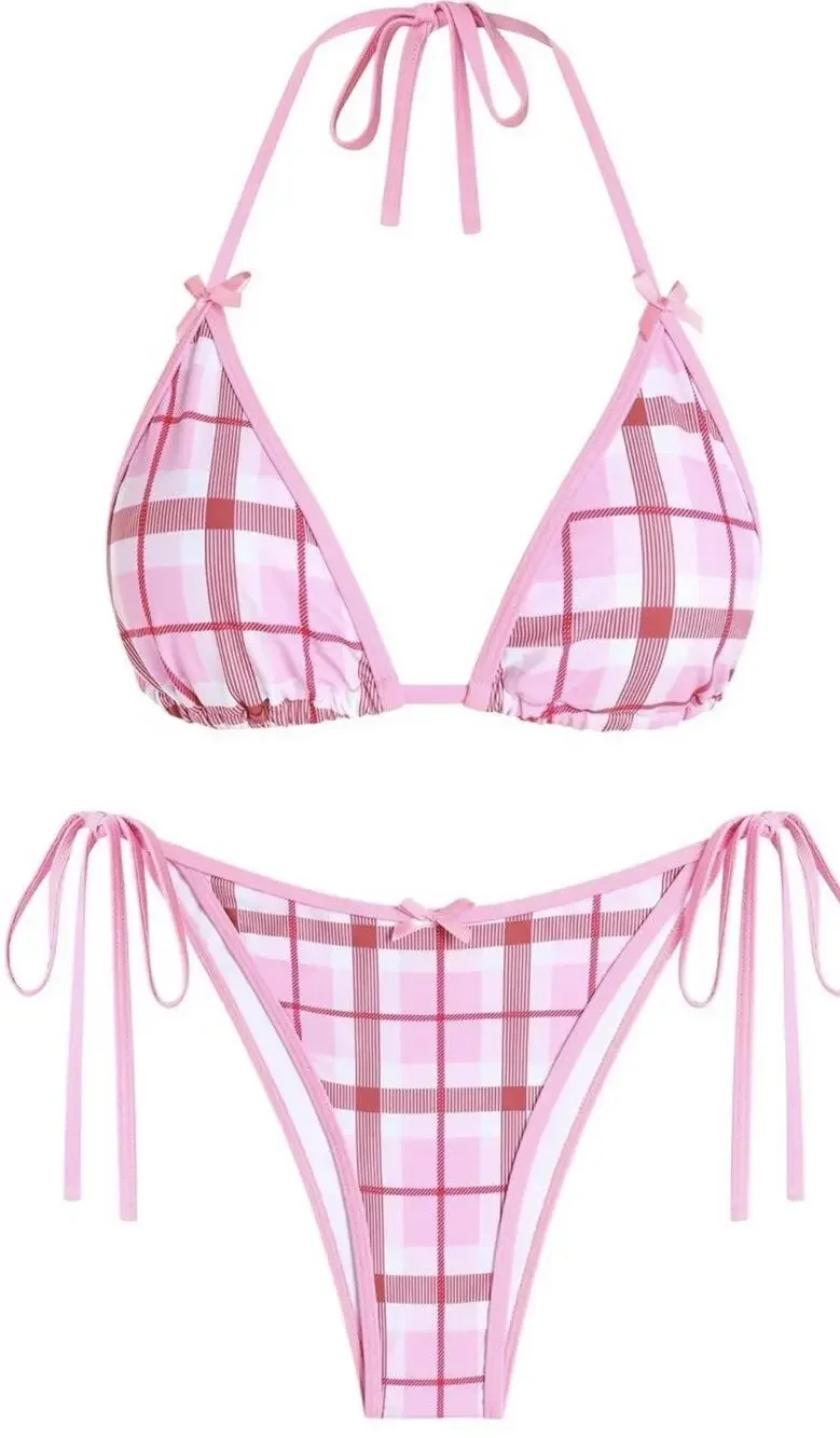 ZAFUL Bikini Set Halter Bow Plaid Pink Women’s M New
